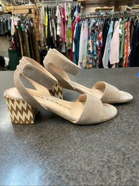 Sacha London Nude Suede Chevron Block Heel Sandals